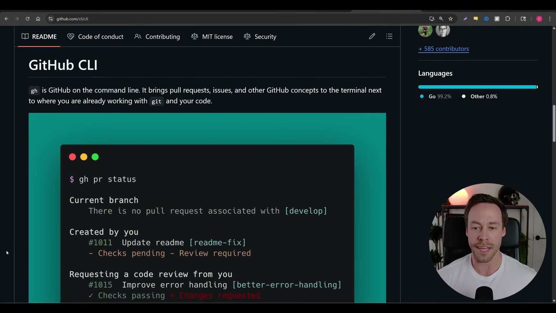 `gh pr status` returns color-coded, structured PR data — the kind of deterministic output that makes GitHub CLI ideal for Claude Code's agentic workflows.