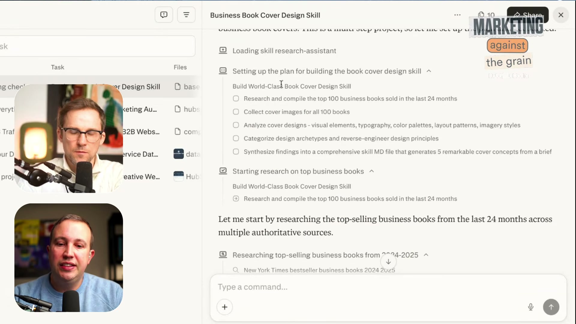 Perplexity Computer auto-generates a five-step research plan: compile top 100 business books, collect 100 cover images, analyze visual elements and typography, categorize design archetypes, then write a comprehensive skill file — all before executing a single step.