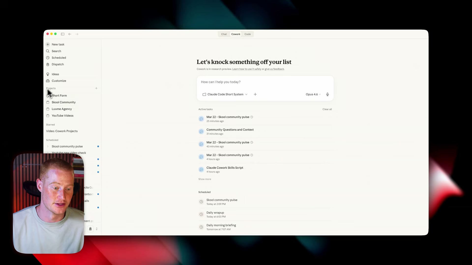 A fully configured YouTube Videos Project: two active scheduled tasks, linked local folder context, memory enabled, and artifact outputs — all running automatically.