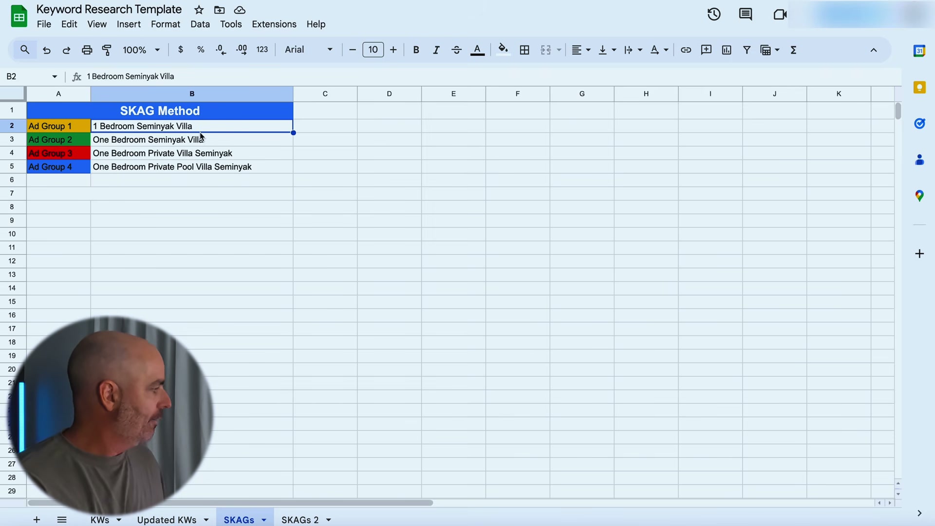 The SKAG keyword research template in Google Sheets: each ad group row maps one keyword theme to its own campaign bucket.