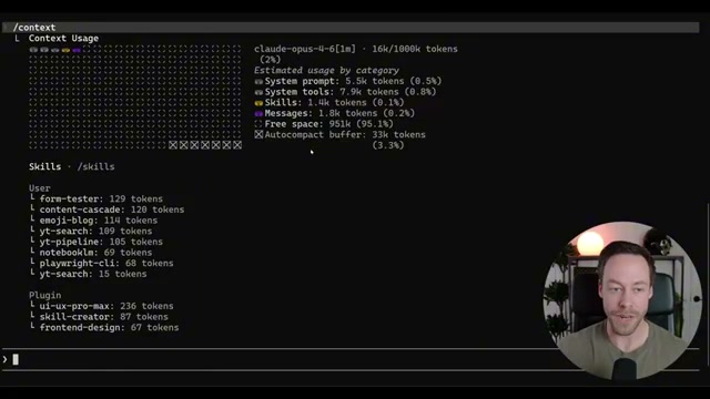 Running /context in Claude Code reveals 951K tokens of free space in a live Opus 4.6 session — 95% of the 1M window still available.