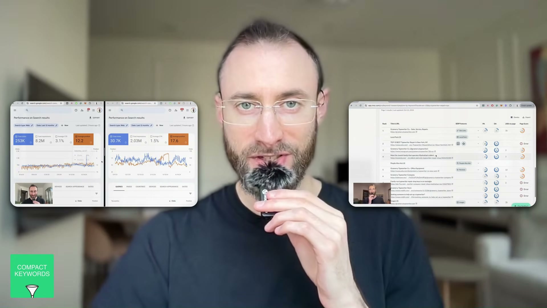 Three-panel view of GSC performance data alongside a Moz SERP analysis — the exact workflow for diagnosing Amazon listing keyword gaps using external SEO signals.