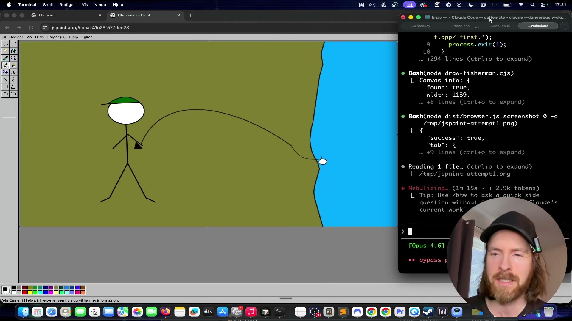 First colored iteration: Claude Code renders the fisherman scene with ground, water, and stick figure