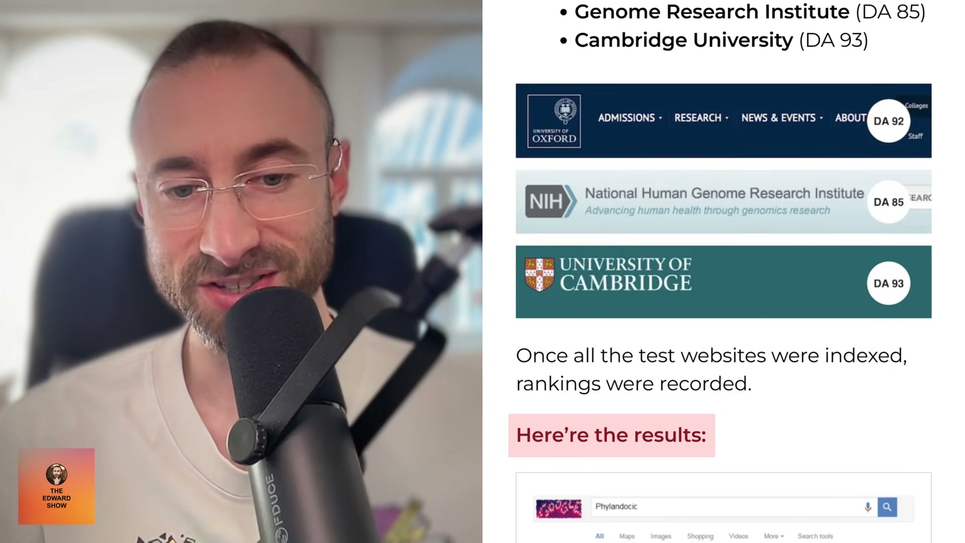 Sites that linked to Oxford, NIH, and Cambridge (DA 85–93) were indexed and ranked — then results were recorded