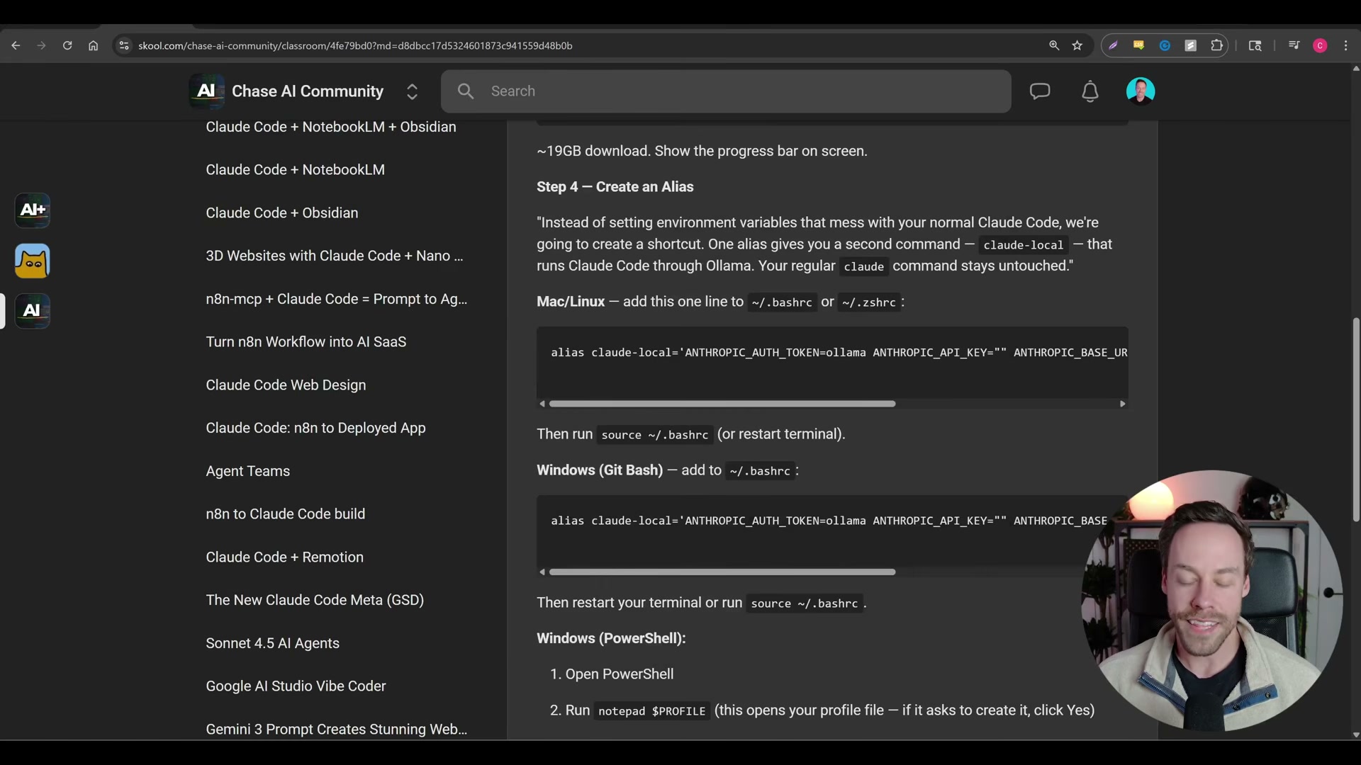 Windows PowerShell: paste this highlighted line into your profile file to create the claude-local alias