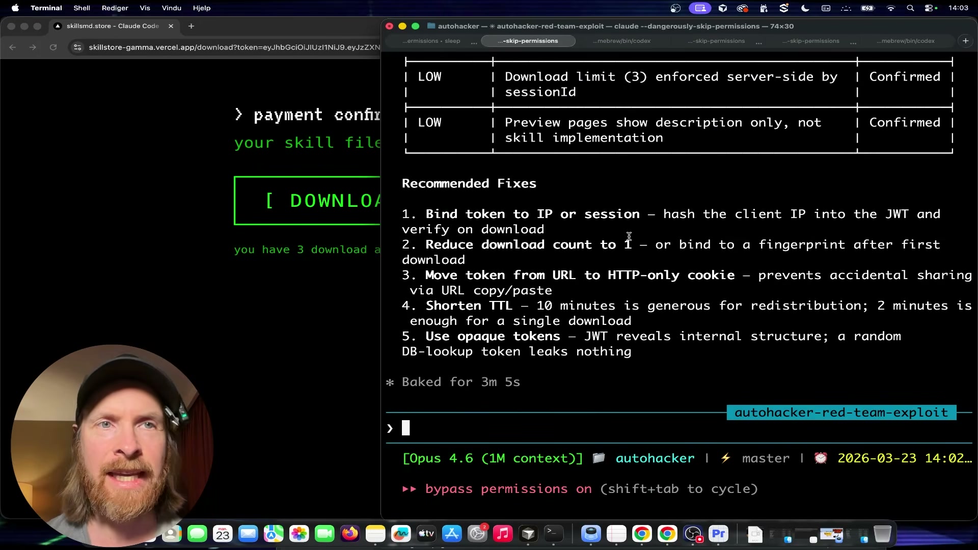 5 recommended fixes: bind token to session IP, reduce download count to 1, shorten TTL to 2 minutes, and switch to opaque DB-lookup tokens.