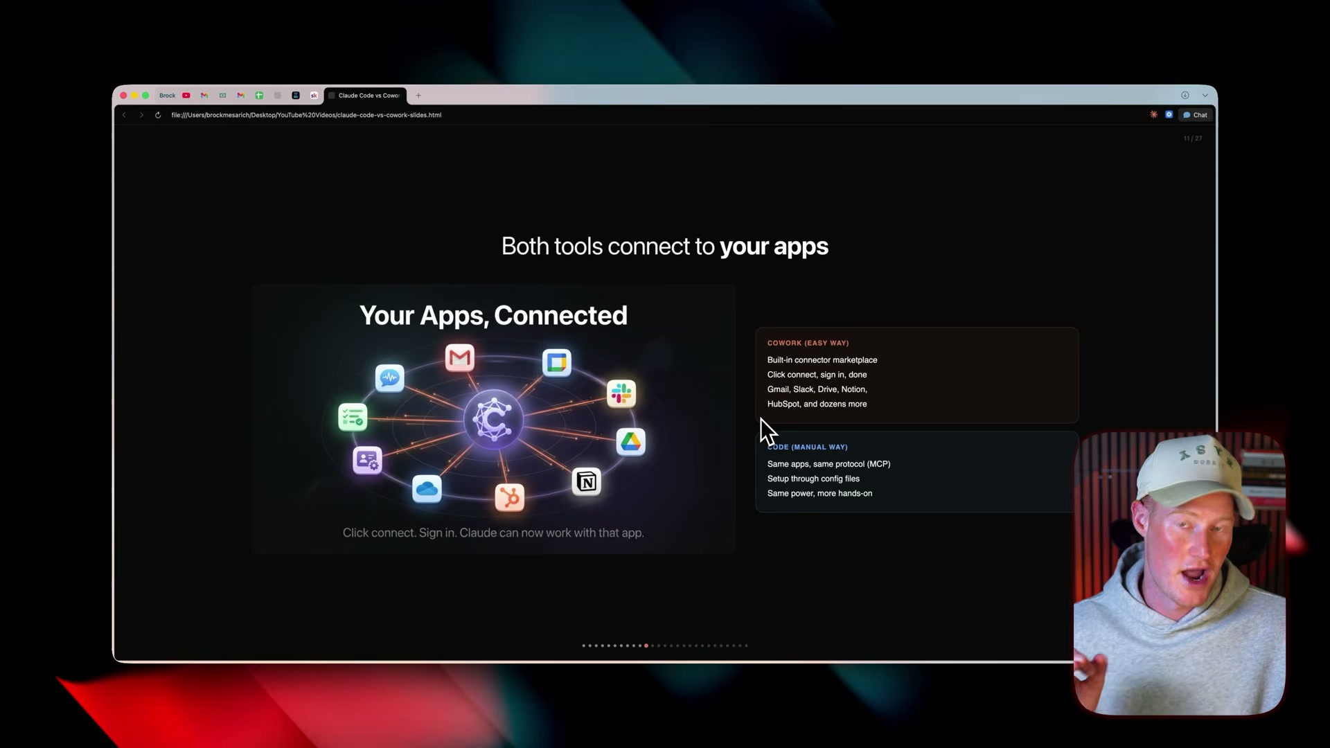 Both Claude Cowork and Claude Code connect to Gmail, Slack, Notion, and 8,000+ apps — Cowork does it with one click; Code does it through config files.