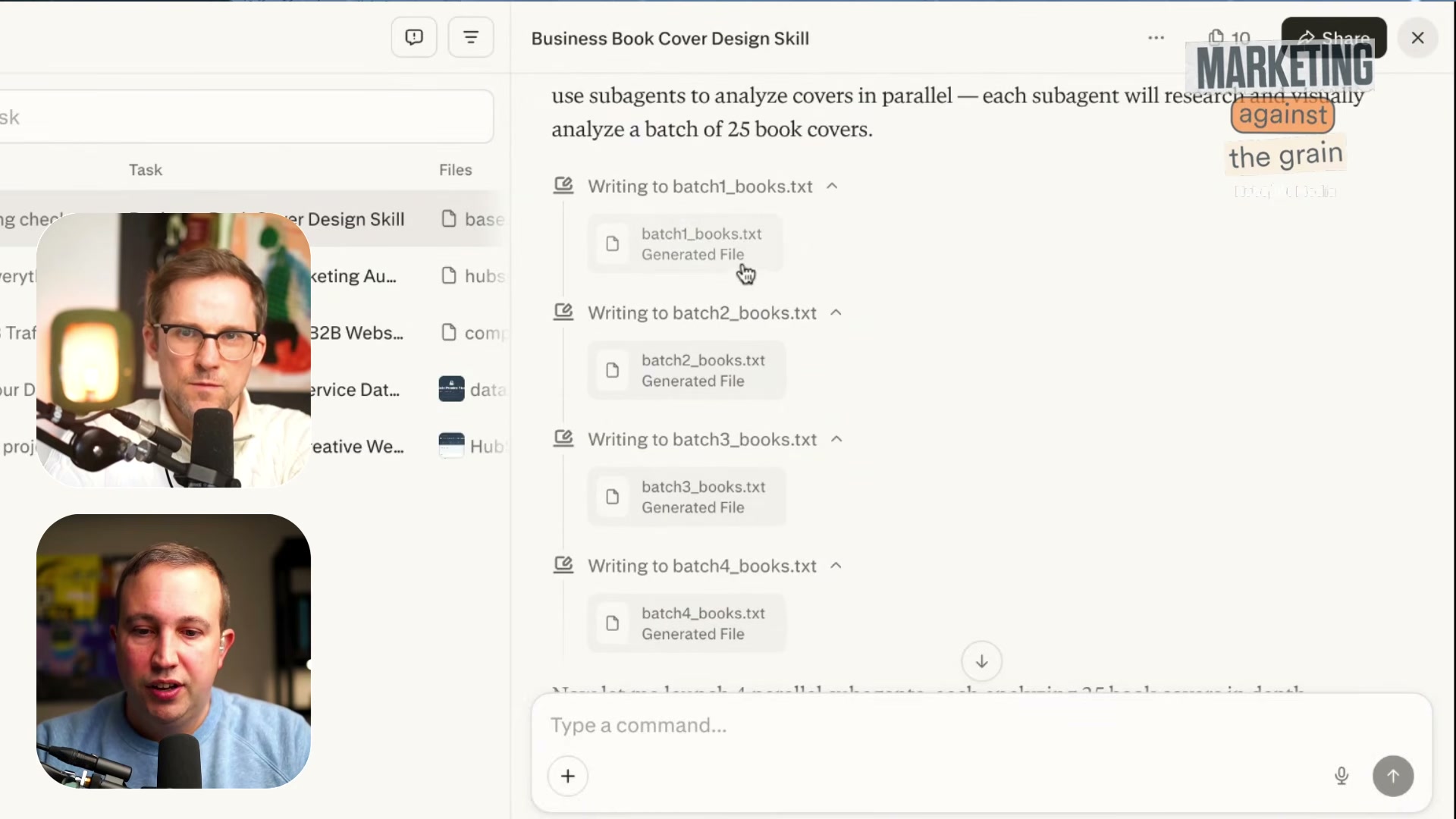 Perplexity Computer splits the 100-book analysis across four parallel subagents — each handling 25 covers simultaneously — compressing what would take hours of manual research into a single concurrent operation.