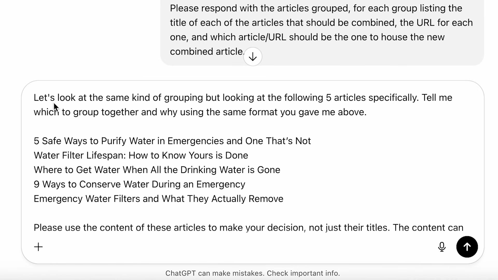 Follow-up prompt: feeding ChatGPT specific article titles and instructing it to analyze content, not just titles