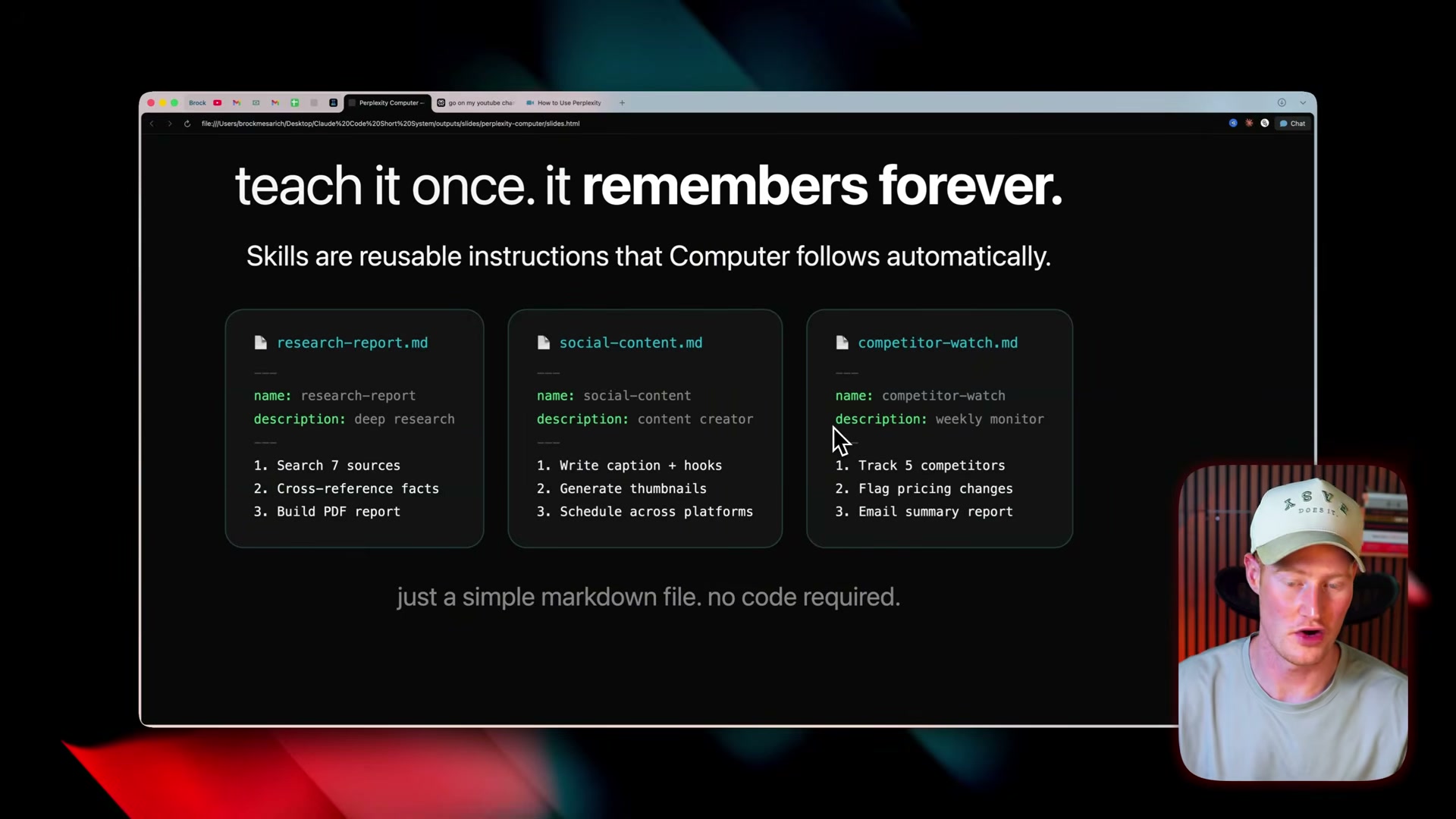 A Skill is just a markdown file: set a name, description, and numbered steps — Perplexity Computer reads it automatically. No code required.