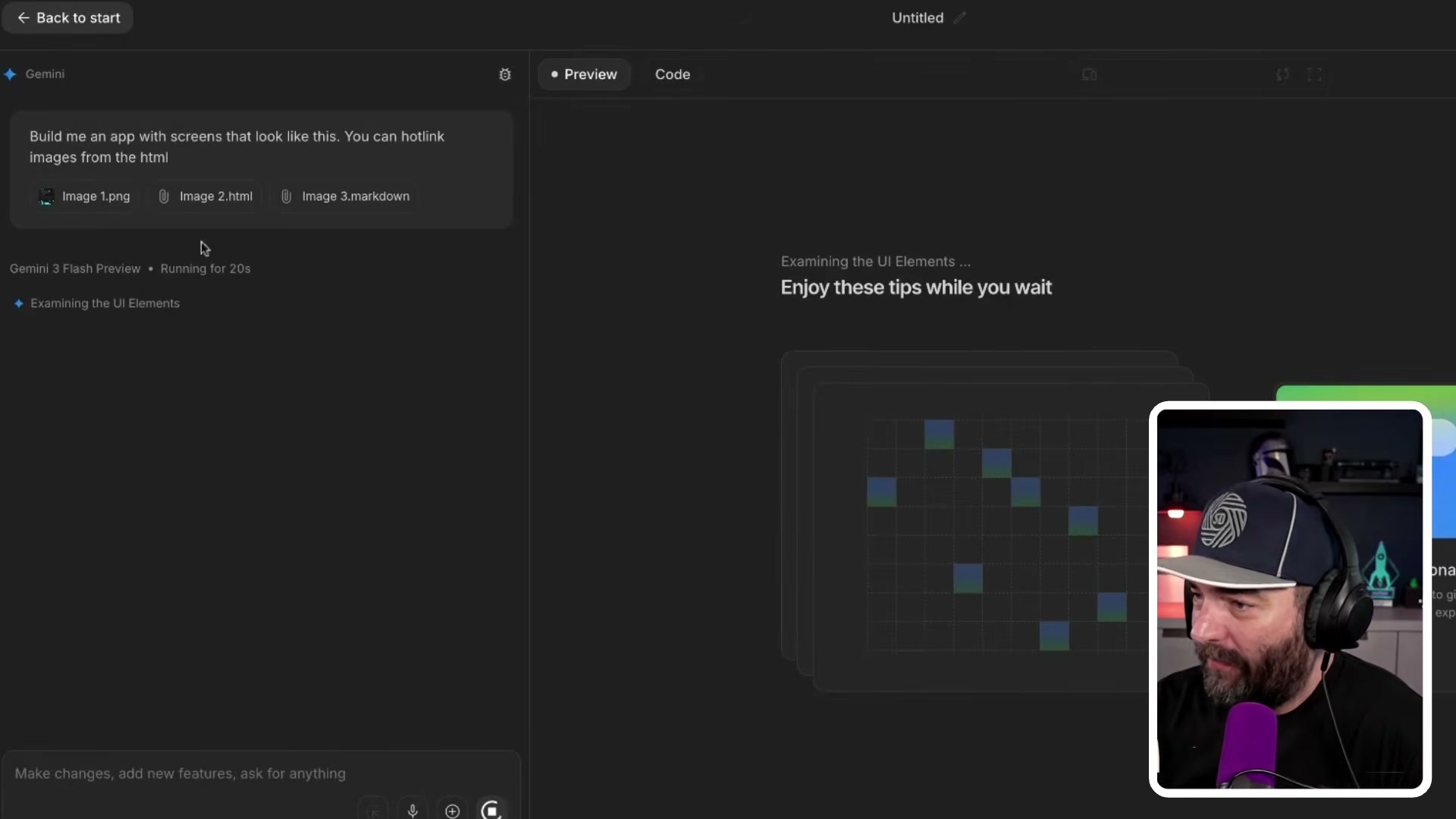 AI Studio receives the Stitch export as PNG, HTML, and Markdown — paste the prompt and Gemini starts building the functional app