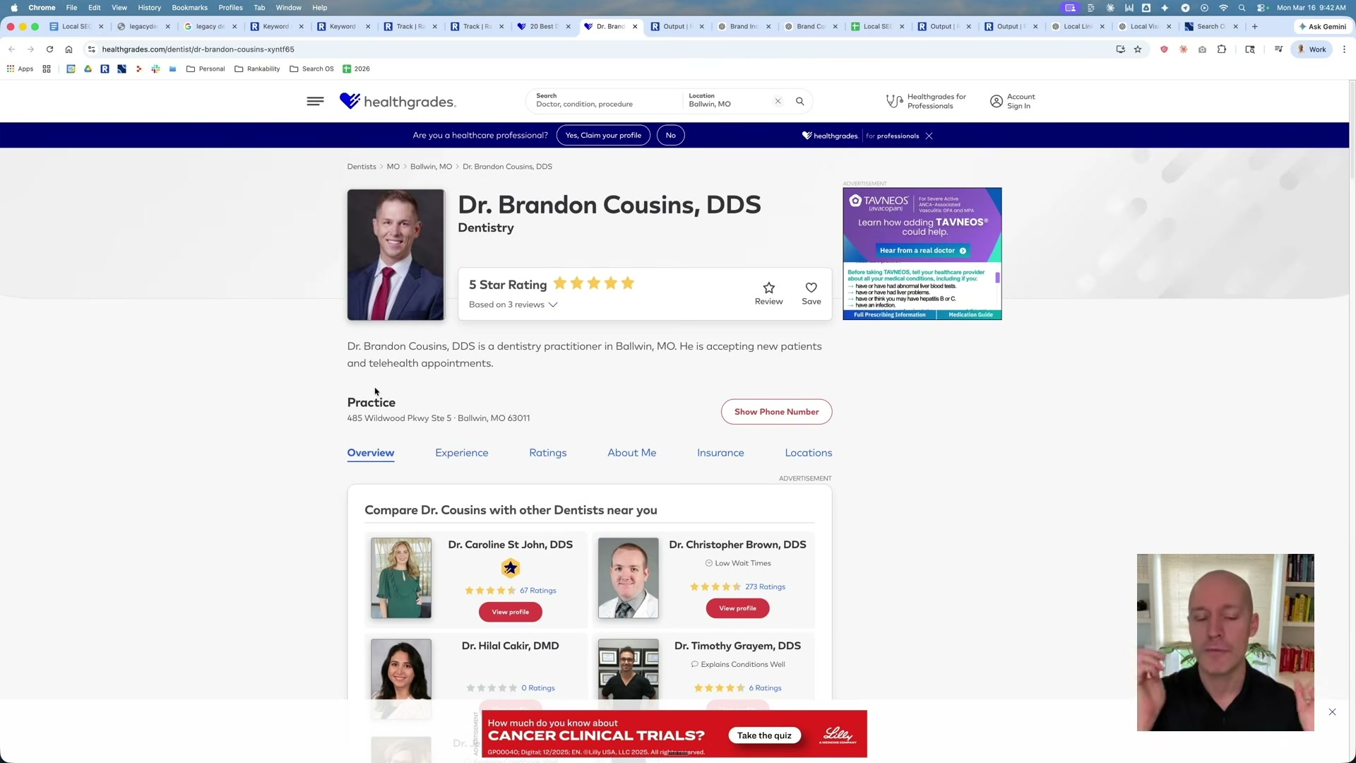 Dr. Brandon Cousins' Healthgrades profile: only 3 reviews — a stark citation and review gap versus Google's 692