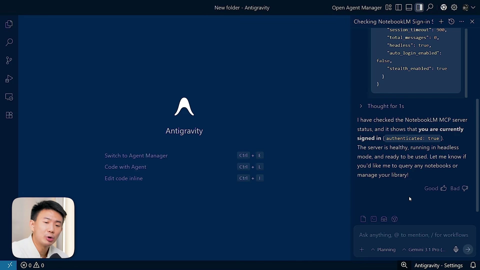 The pivotal moment — asking the Antigravity agent to install the NotebookLM MCP server directly from its GitHub repository.