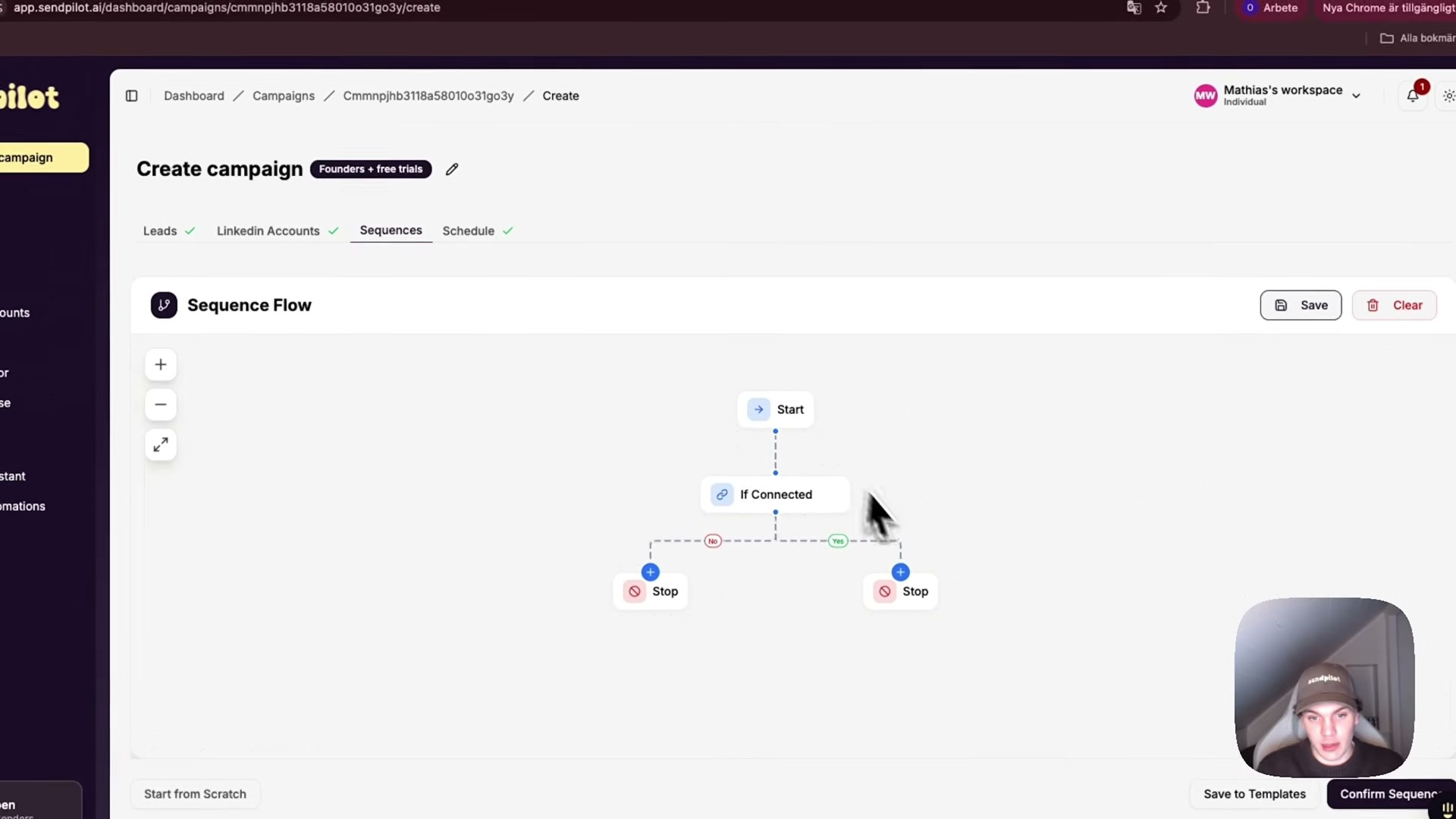 SendPilot Sequence Flow builder: the default 'If Connected' branching structure before adding outreach steps