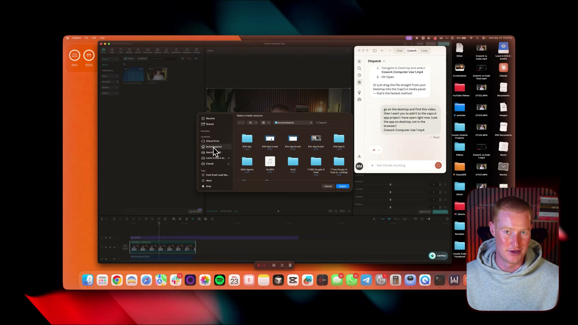 Claude opens CapCut's media picker and navigates your Desktop folders to find the target video file