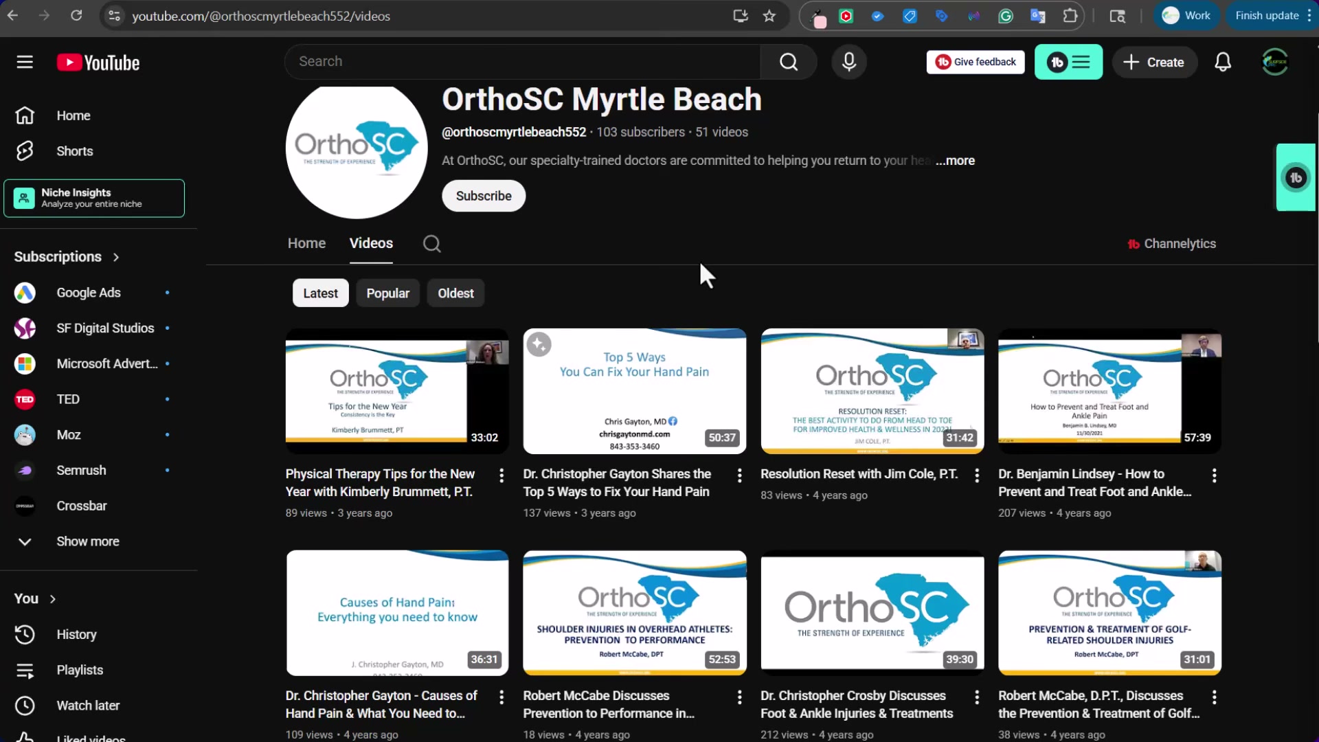 OrthoSC's YouTube channel: educational video content builds authority and drives organic discovery for the practice