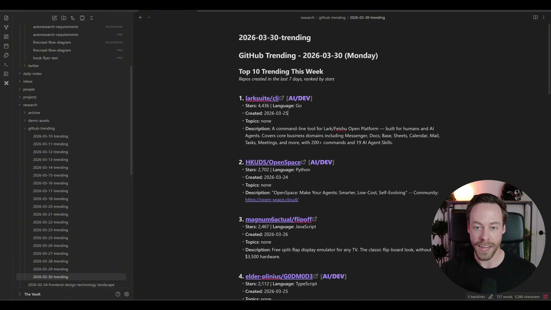 Research artifact in Obsidian: the /yt-pipeline skill auto-formats GitHub Trending data with star counts, language tags, and AI/DEV classifications