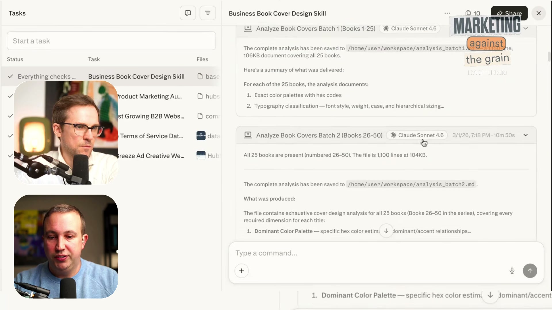 Each of the four parallel subagents returns a 100KB+ analysis document — exact hex color palettes, font classifications, and design hierarchy data for 25 business book covers each, totaling a comprehensive 400KB+ design intelligence database.