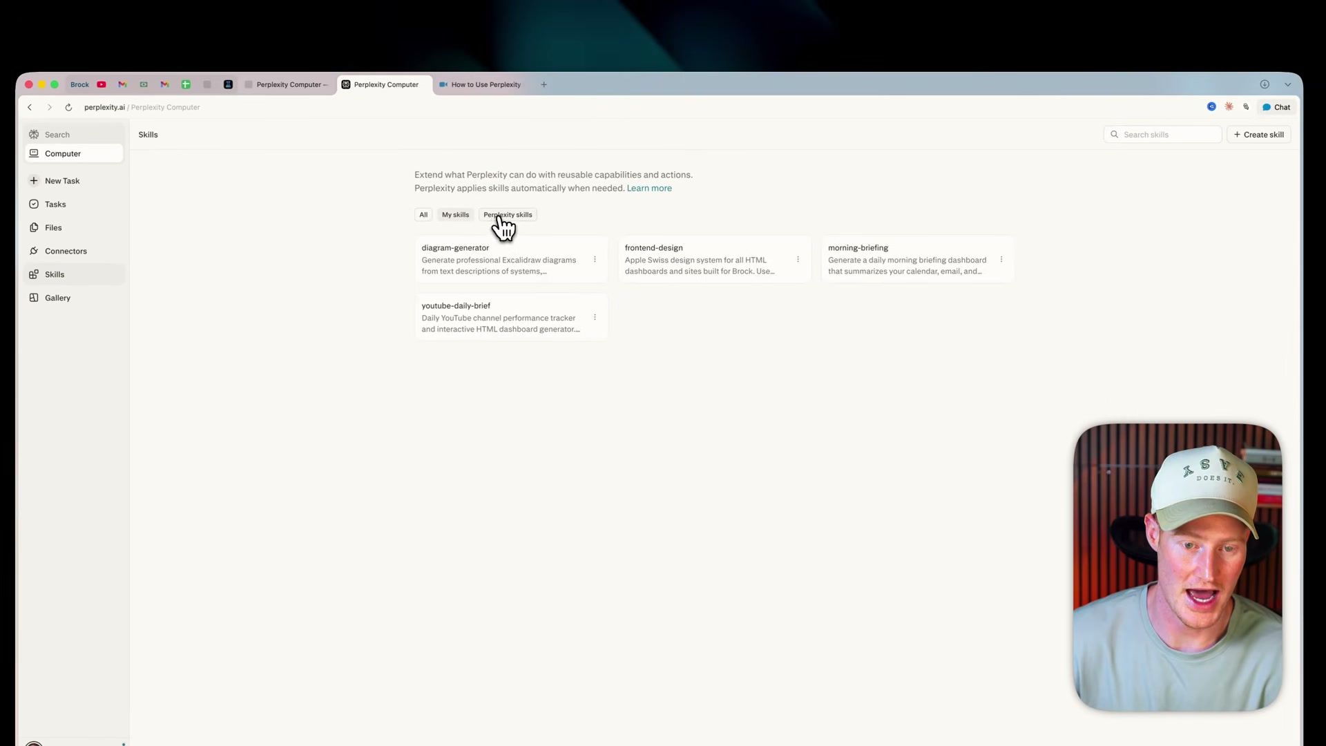 The Skills library inside Perplexity Computer — browse, manage, and create reusable capability modules from this panel