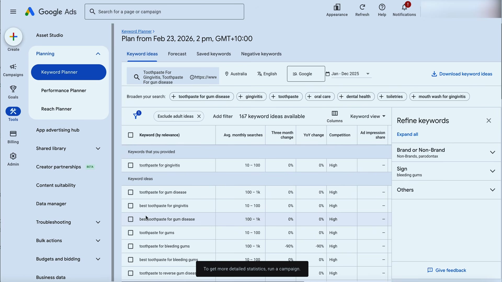 Google Ads Keyword Planner results for 'toothpaste for gingivitis': check search volume, competition, and YoY trends before adding to your plan.