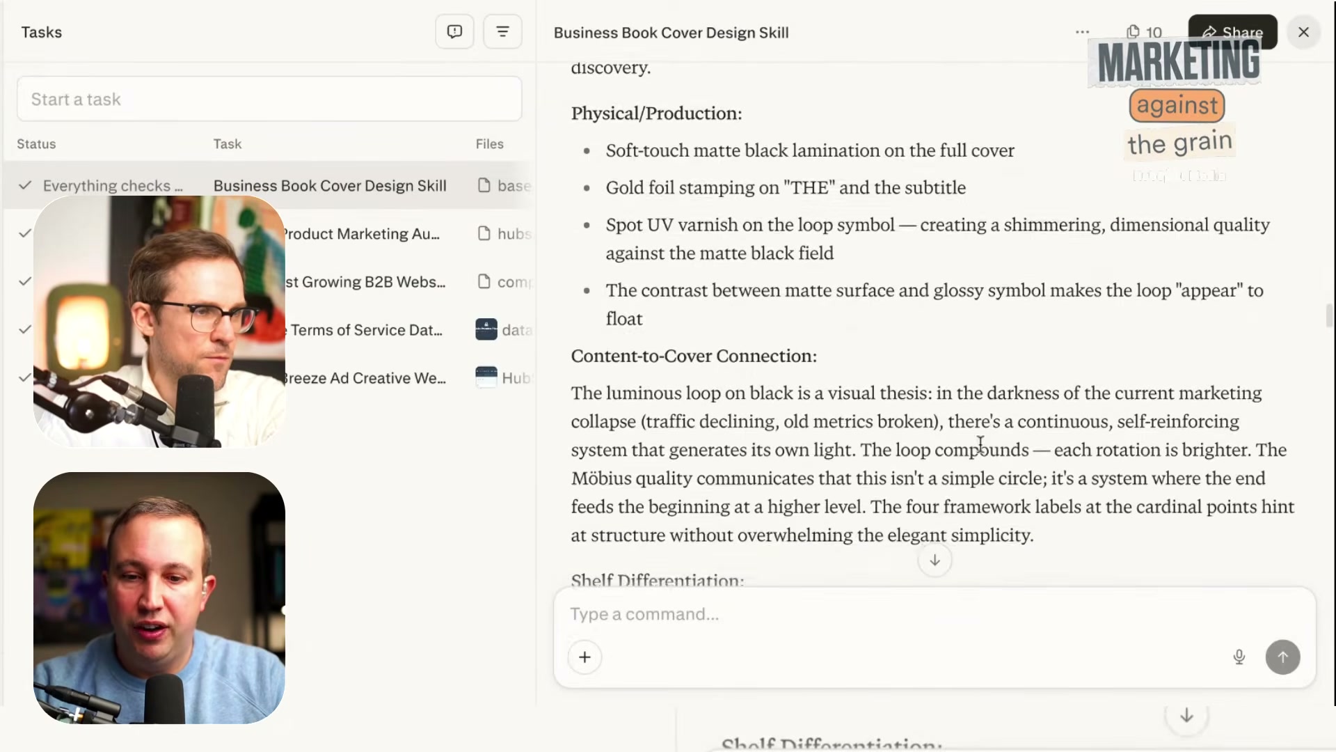 The generated skill file goes deep: physical production specs (gold foil, matte lamination, spot UV), content-to-cover narrative reasoning, and shelf differentiation strategy — all reverse-engineered from bestseller analysis.