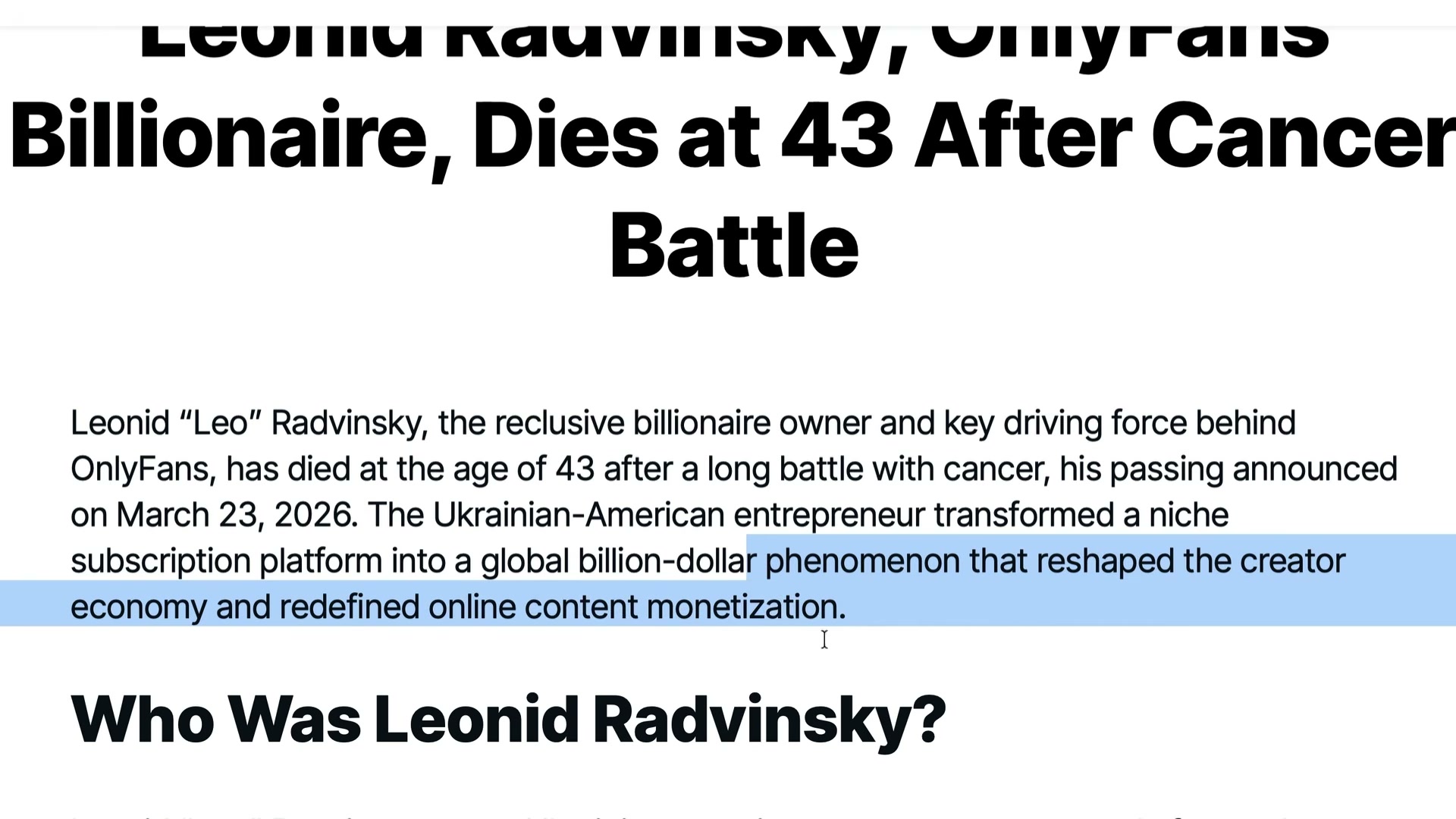 Leonid Radvinsky: the billionaire who owned both MyFreeCams and OnlyFans — and whose death at 43 put his empire in the spotlight