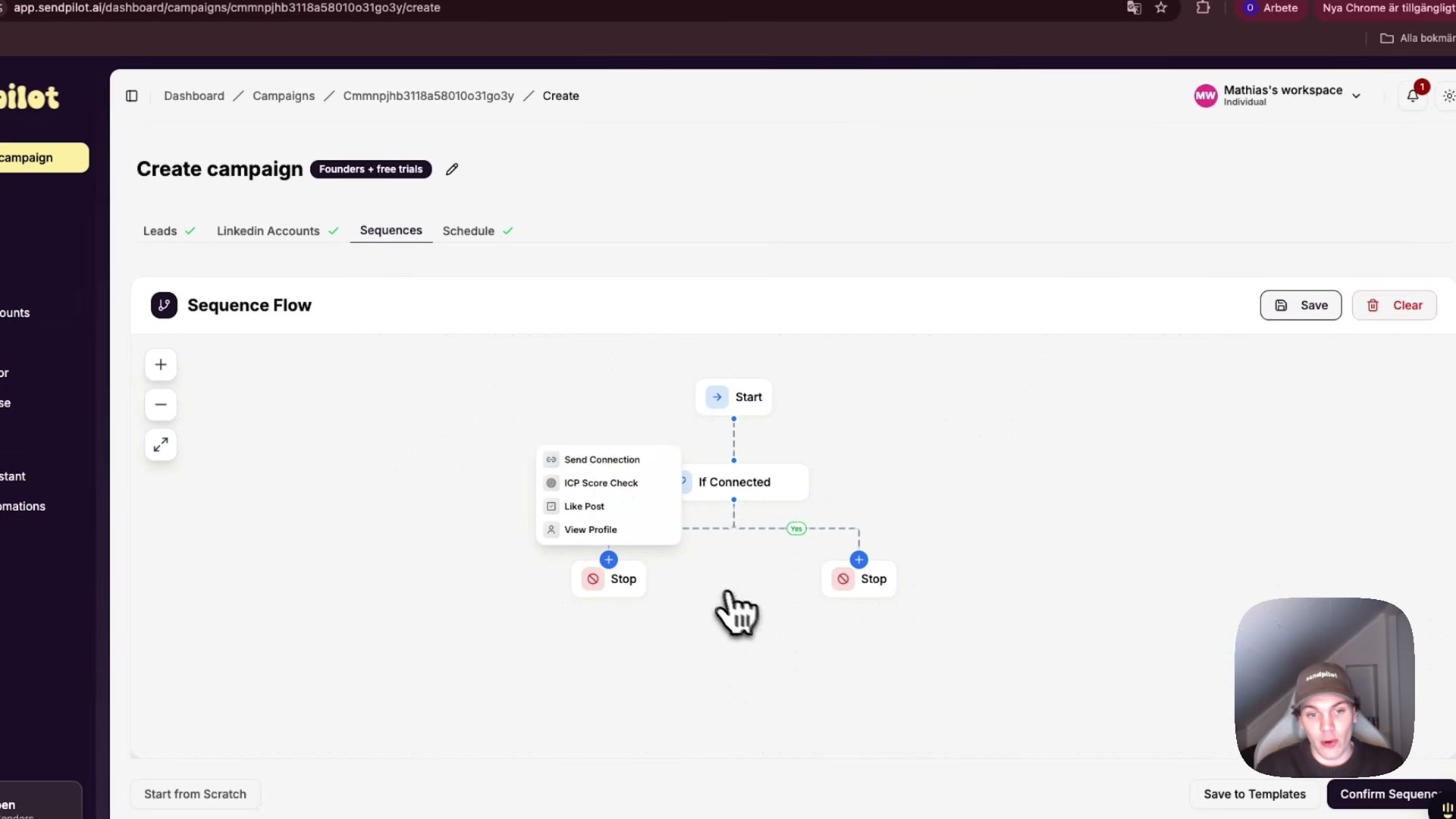 SendPilot sequence action menu: add Send Connection, ICP Score Check, Like Post, or View Profile steps to your flow