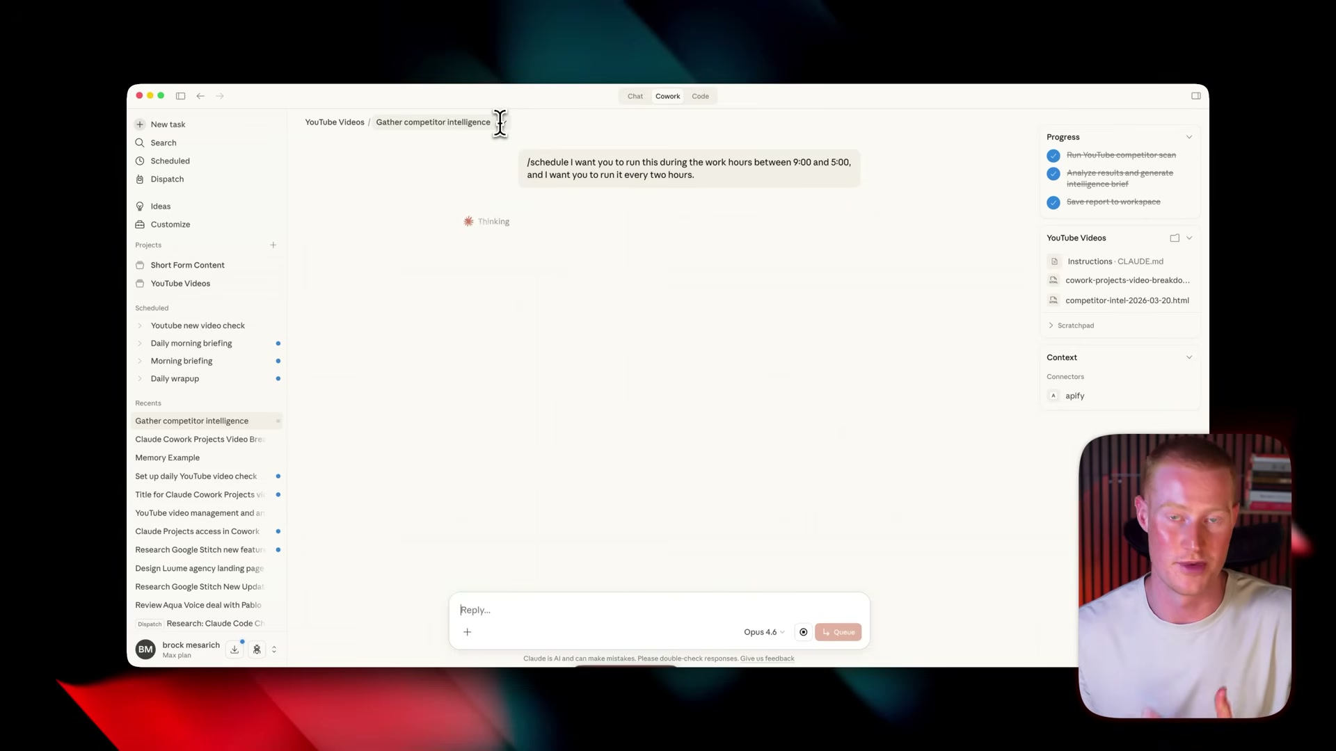 Scheduling in plain English: type /schedule with your cadence and Cowork converts it into a recurring automated task
