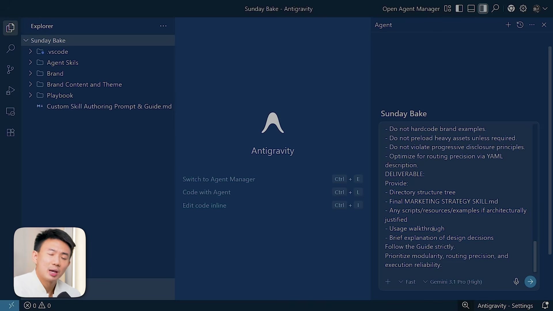 Composing the marketing strategy skill prompt — deliverables include a directory tree, the final SKILL.md, and a design-decision walkthrough.