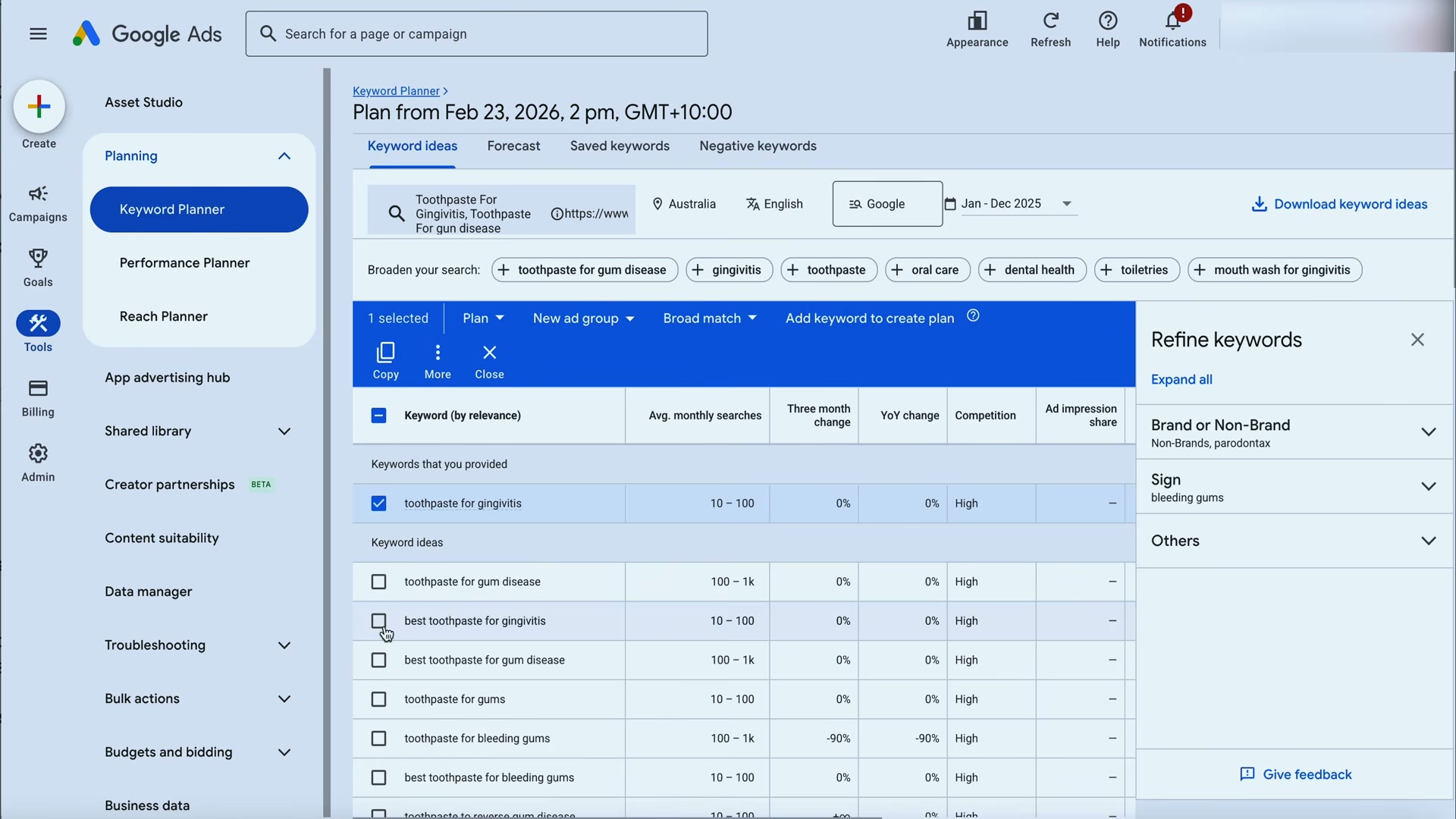 Tick the keyword, hit 'Add keyword to create plan' — this is how you build your initial keyword list in Keyword Planner.