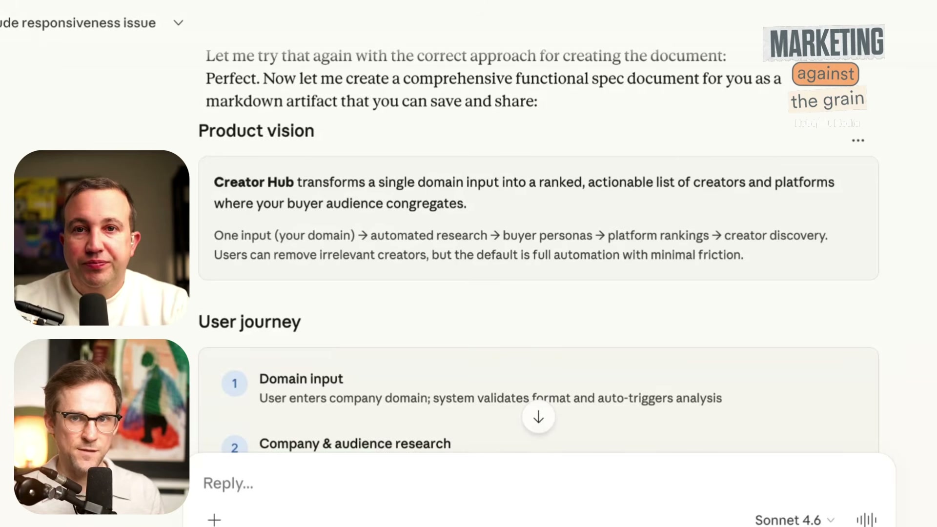 The spec arrives: Claude's 'Product vision' and 'User journey' sections define the Creator Hub in one clean markdown artifact you can hand to a developer.