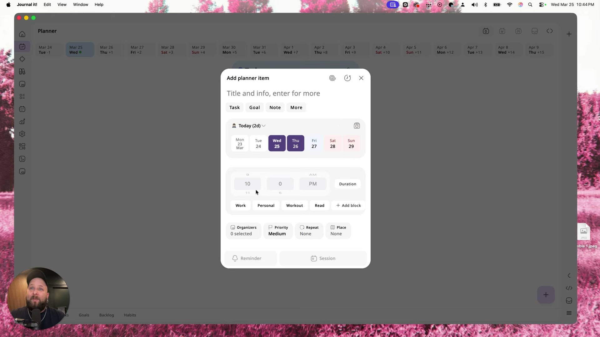 Add a planner task with date, time, activity tags, priority, repeat rules, and reminders