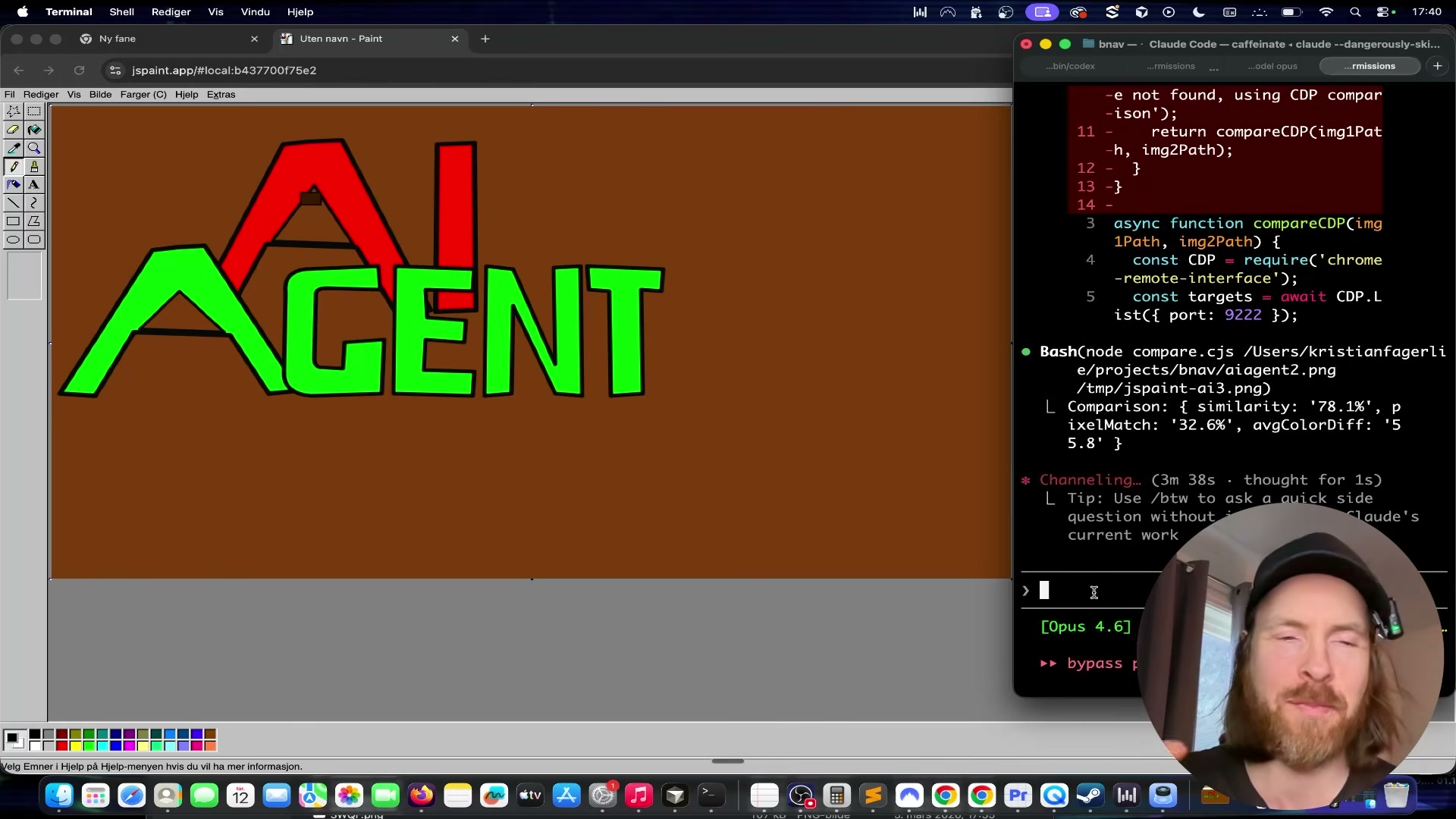Similarity comparison returns 78.1% — Claude Code quantifies the gap and plans the next iteration