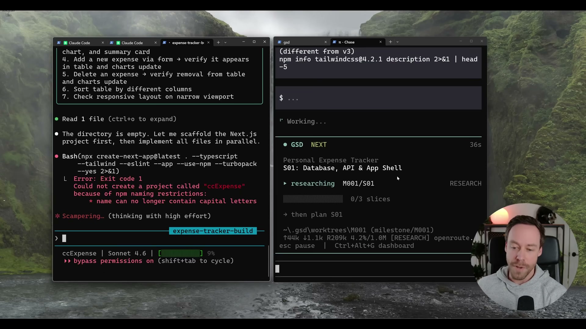 Claude Code self-recovers from an npm naming restriction error mid-build; GSD2 continues its autonomous research phase without interruption.