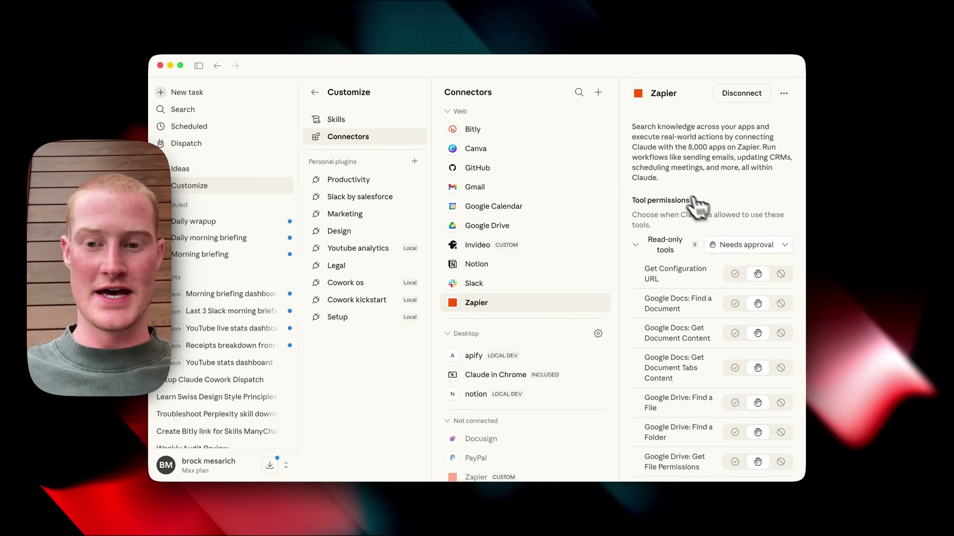 Once connected, the Connectors panel lets you set per-tool permissions — choose auto-approve or require manual sign-off for sensitive actions.