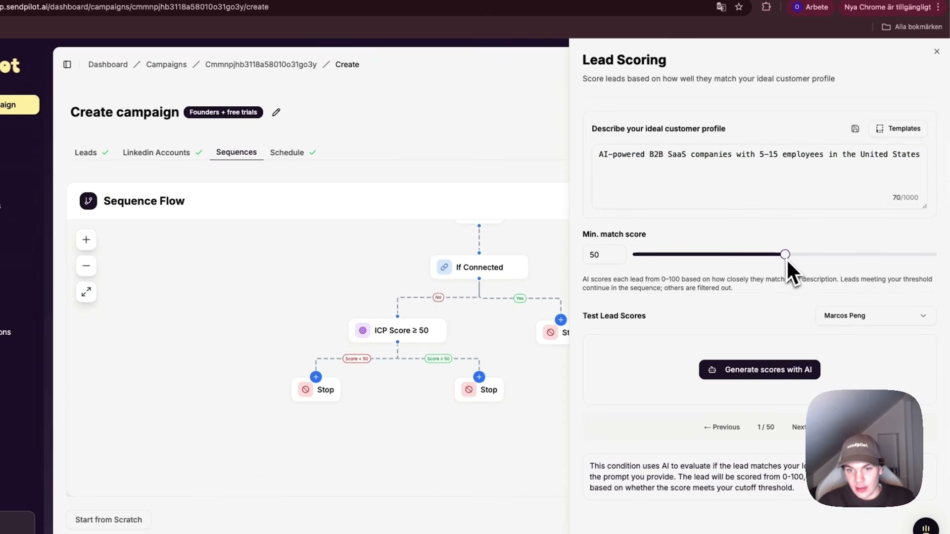 Completed ICP prompt in SendPilot: 'AI-powered B2B SaaS, 5–15 employees, US-based' with a 50-point minimum match score
