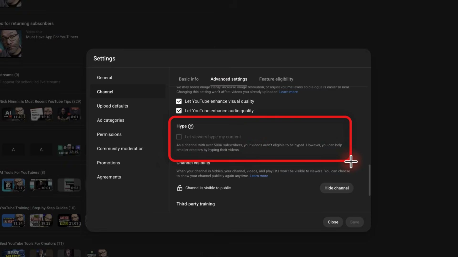 New 2025 settings: Hype eligibility (under 500K only) and Third-party AI training permissions — both require a deliberate opt-in decision