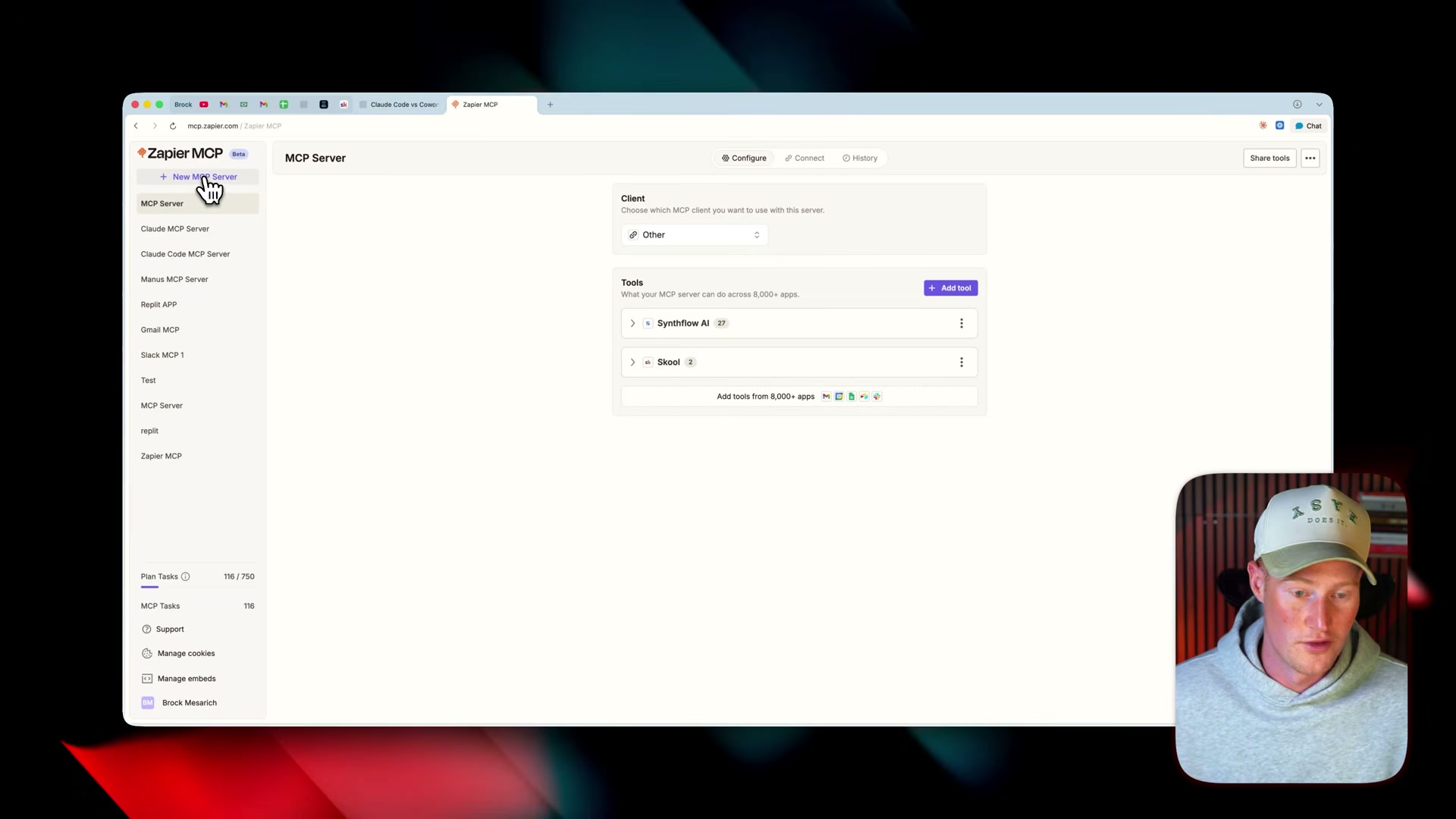 Zapier MCP Server setup for Claude Code: each app connection requires its own server entry and config — more powerful, but more hands-on than Cowork's one-click connectors.