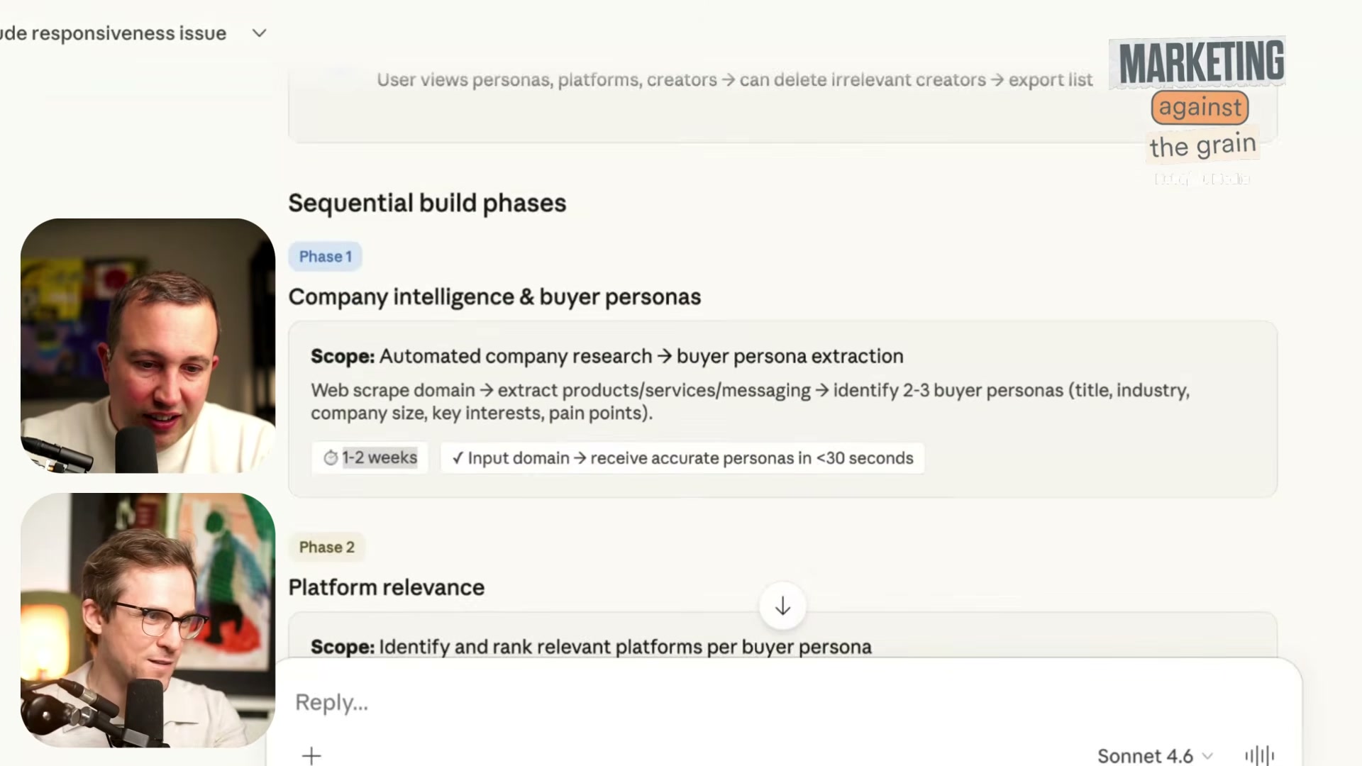 The sequential build phases Claude outputs: Phase 1 automates company research and buyer persona extraction in under 30 seconds. Phase 2 ranks platforms by persona relevance.