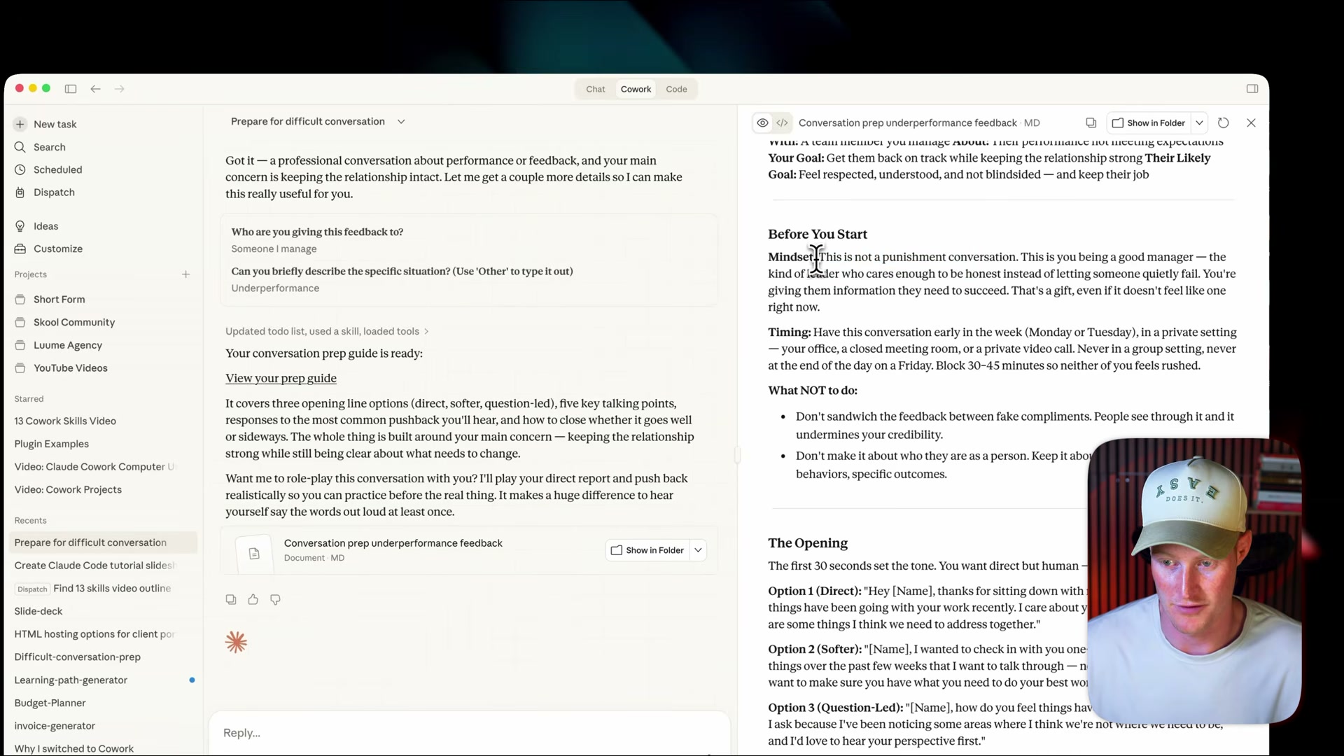 The difficult conversation prep skill delivers a structured brief with mindset coaching, timing advice, and talking points