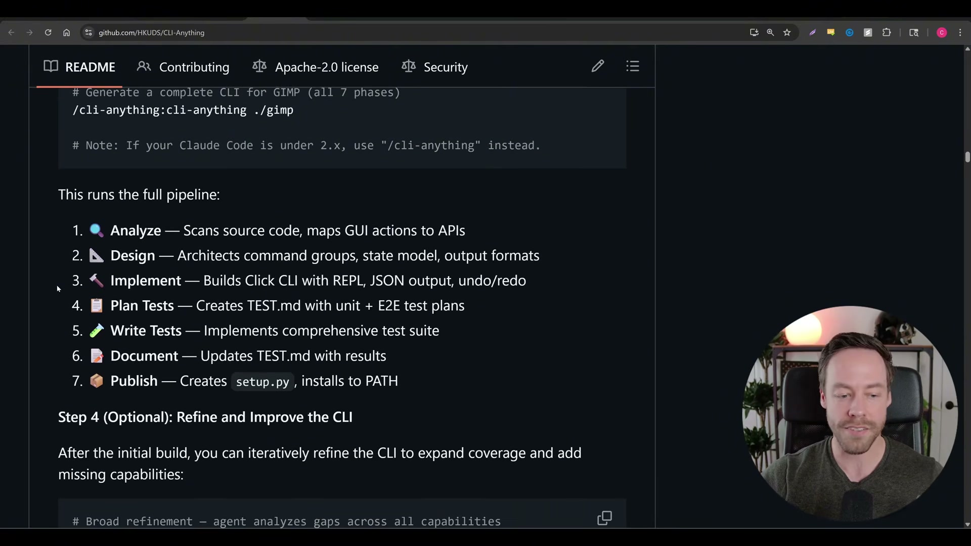 CLI-Anything's 7-phase build pipeline: from source code analysis to a fully published, PATH-installed CLI in one agent run
