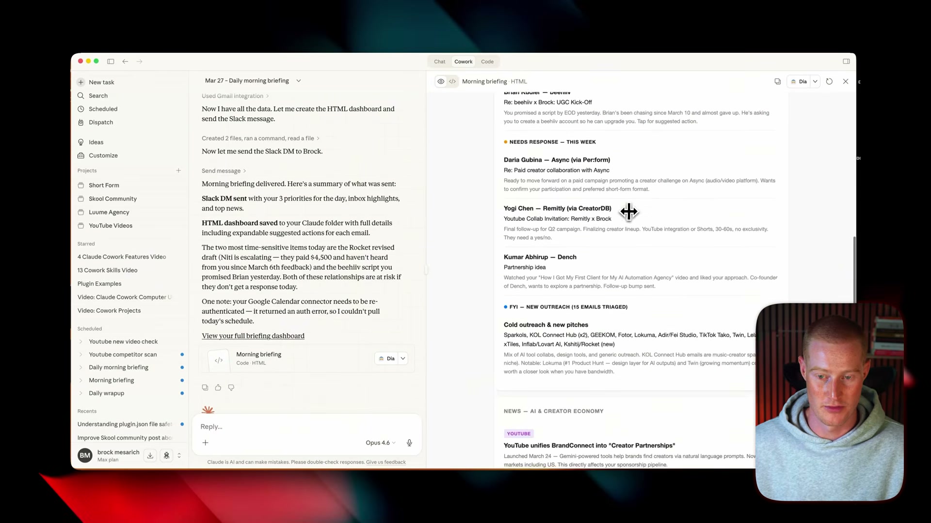 Scheduled task output: a morning briefing that pulls Slack threads, HTML dashboard data, competitor intel, and email summaries into one deliverable.