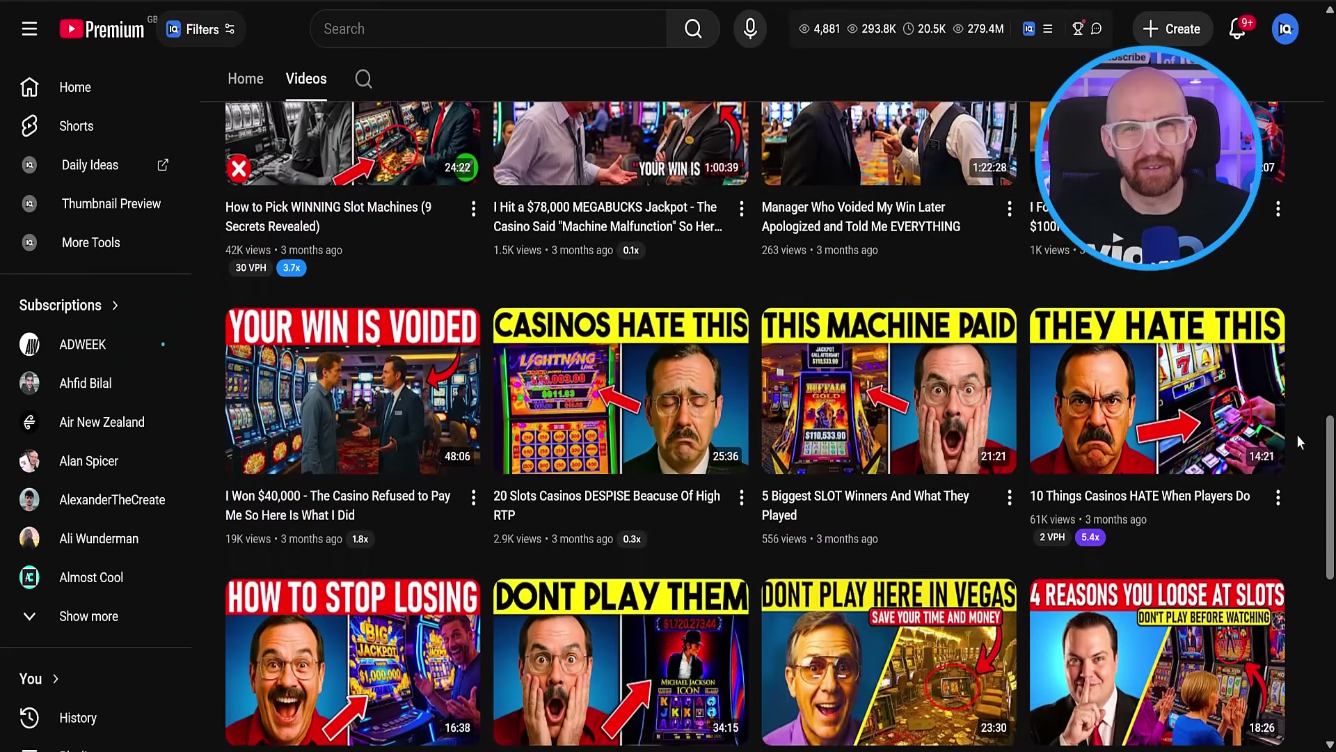 vidIQ's filtered YouTube browse reveals the casino/slots niche: high CPM, proven audience demand — and the compliance risk every faceless creator needs to weigh