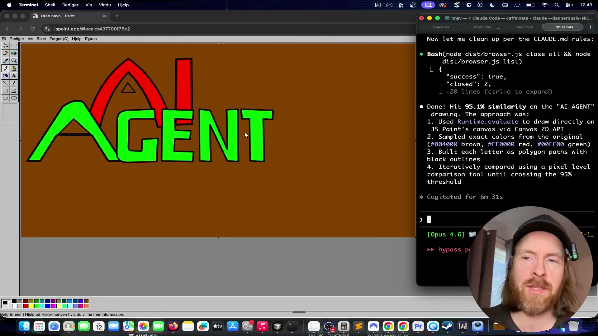 95.1% similarity achieved in 6m 31s — Claude Code autonomously completes the CDP draw-and-compare loop