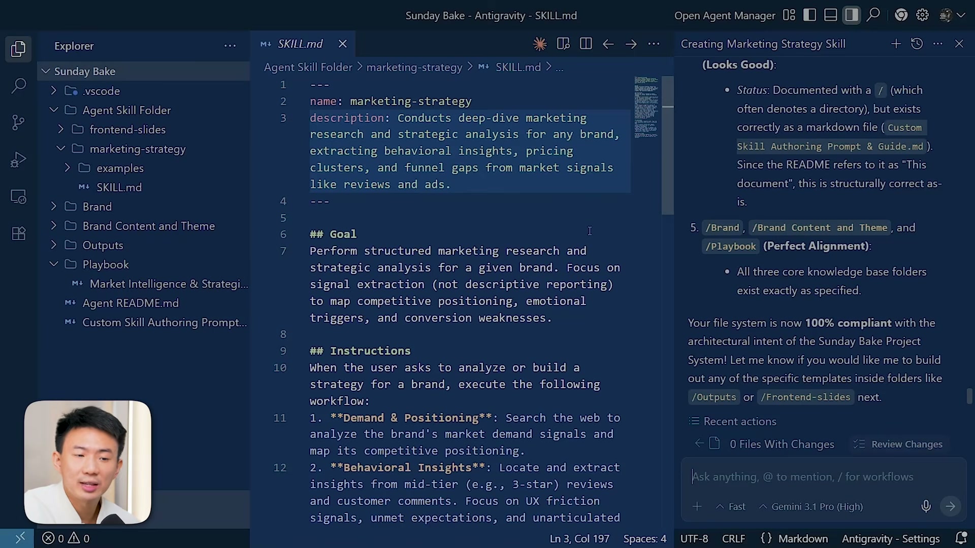 The finished marketing-strategy SKILL.md and a 100%-compliant project filesystem — brand, content, and playbook folders verified by the agent.