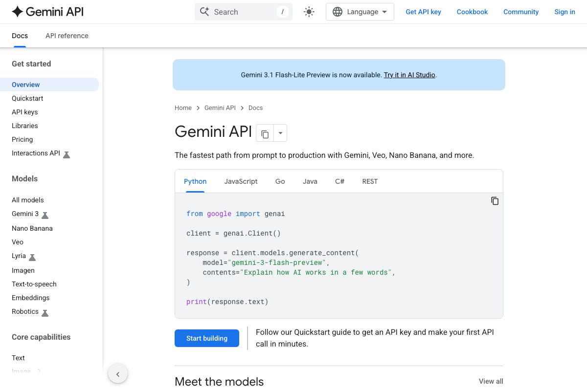 Gemini API documentation overview showing Gemini 3 and Nano Banana as distinct models in the left sidebar, with a banner announcing Gemini 3.1 Flash-Lite Preview availability.
