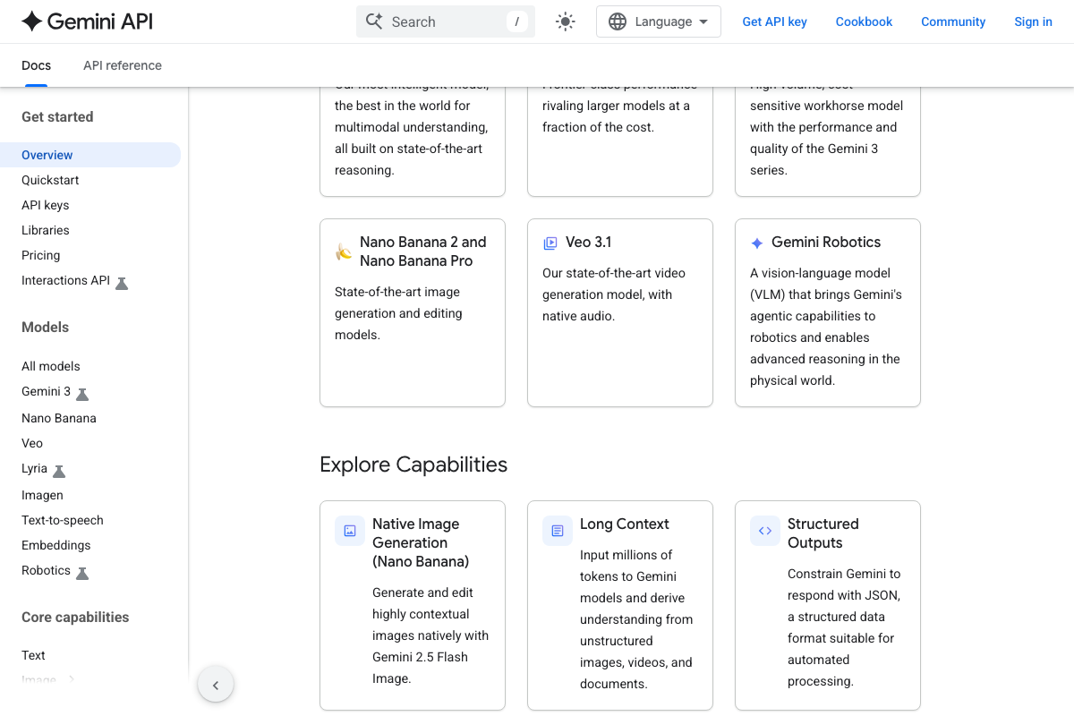 Gemini API 'Meet the models' section showing Nano Banana 2 and Nano Banana Pro as state-of-the-art image generation and editing models alongside Veo 3.1 and Gemini Robotics.