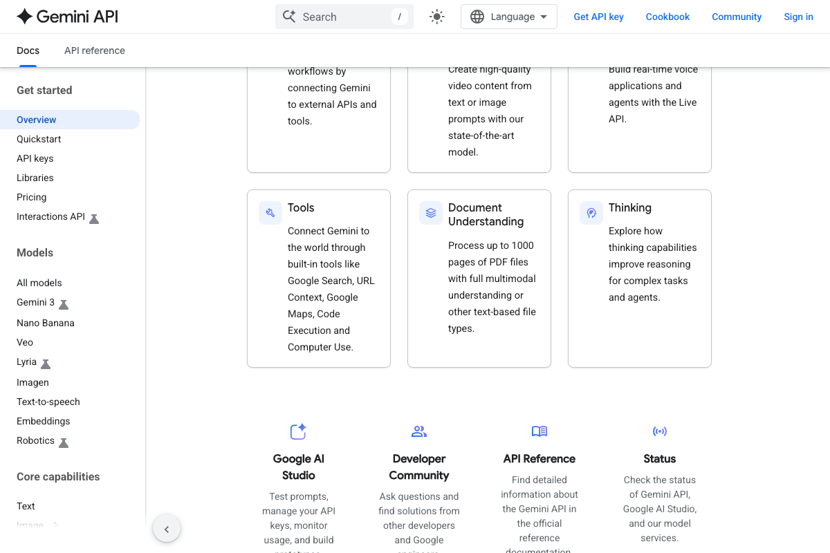Gemini API capabilities section showing built-in Tools, Document Understanding, and Thinking features, plus links to Google AI Studio and API Reference.