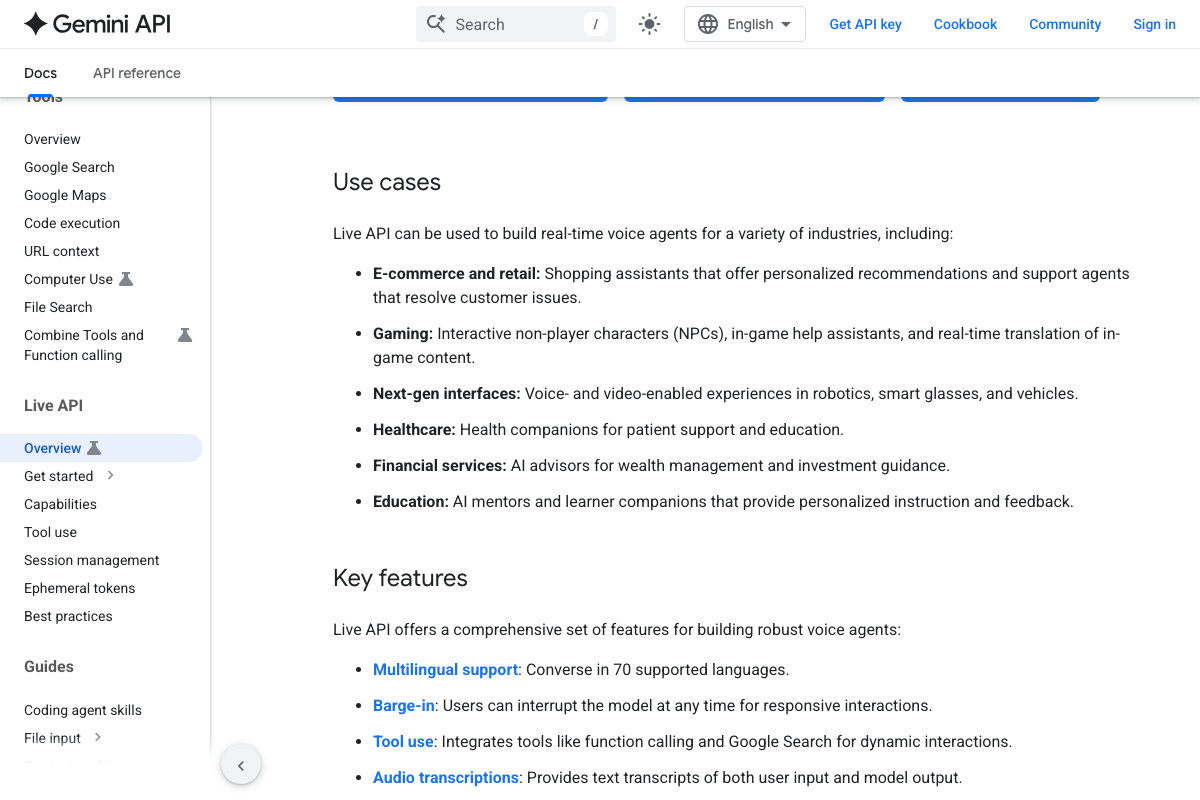 Gemini Live API key features section listing multilingual support (70+ languages), barge-in, tool use, and audio transcriptions as core capabilities not covered in the tutorial.