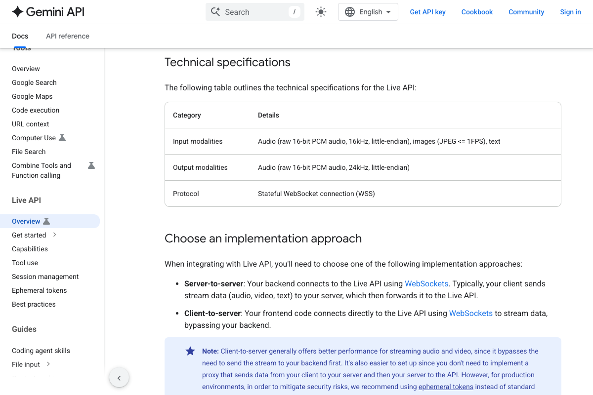 Gemini Live API technical spec table showing image input at ≤1 FPS JPEG, audio specs (16-bit PCM, 16kHz input / 24kHz output), and WSS protocol.
